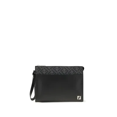 Fendi Leather Ff Canvas Pouch In Black