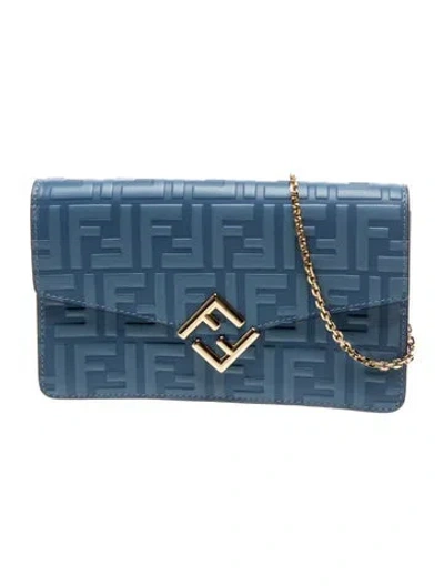 Pre-owned Fendi Leather Ff Diamond Wallet On Chain In Blue