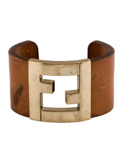 Pre-owned Fendi Leather Ff Logo Cuff Bracelet, 7" In Brown