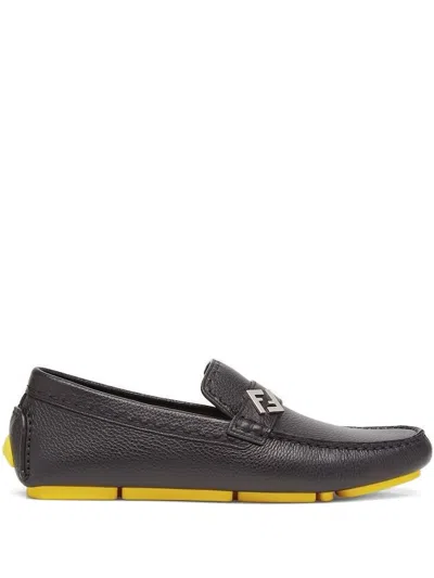 Fendi Leather Ff Logo Loafers In Black