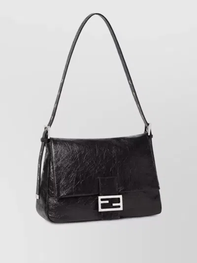 Fendi Leather Flap Clutch Bag In Black