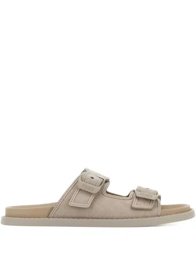 Fendi Beige Logo Sandals In Nude