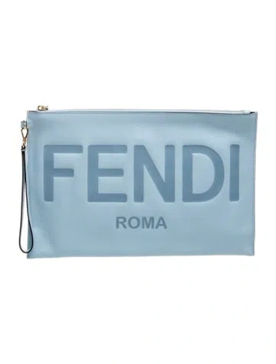 Pre-owned Fendi Leather Flat Pouch Large In Blue