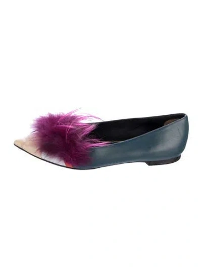 Pre-owned Fendi Leather Fur Trim Ballet Flats In Blue