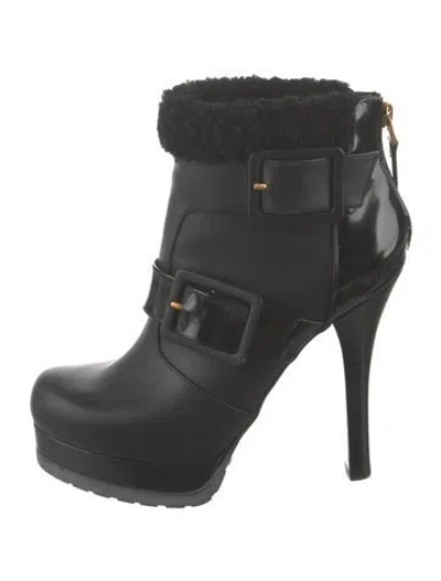 Pre-owned Fendi Leather Fur Trim Boots In Black
