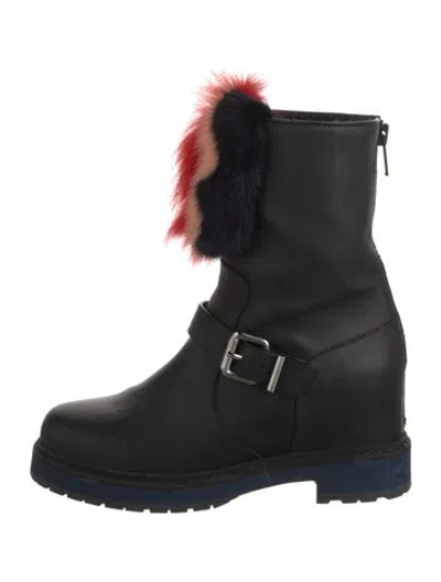 Pre-owned Fendi Leather Fur Trim Moto Boots In Black