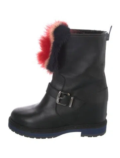 Pre-owned Fendi Leather Fur Trim Moto Boots In Black