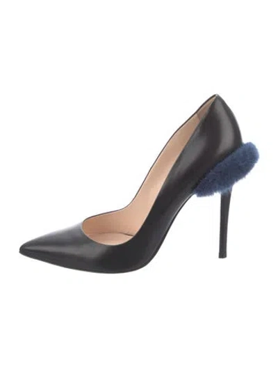Pre-owned Fendi Leather Fur Trim Pumps In Black