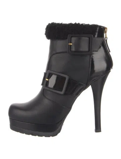 Pre-owned Fendi Leather Fur Trim Rain Boots In Black