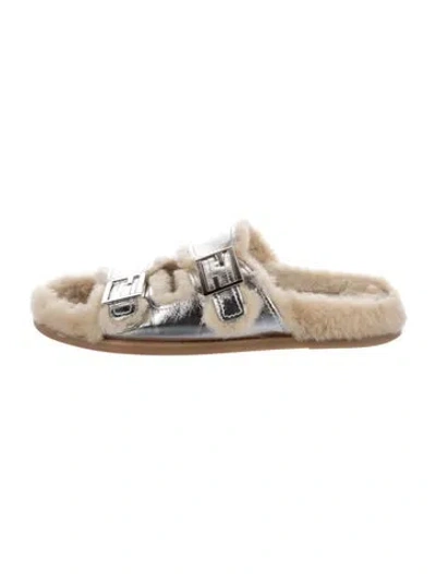 Pre-owned Fendi Leather Fur Trim Slides In Metallic/silver
