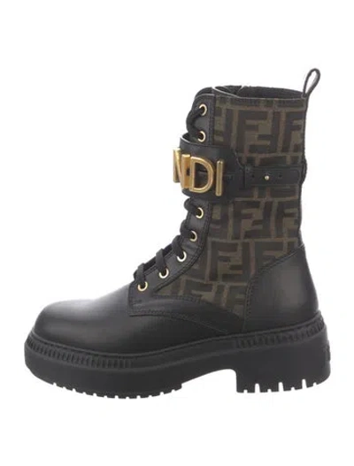 Pre-owned Fendi Leather Graphic Print Combat Boots In Black