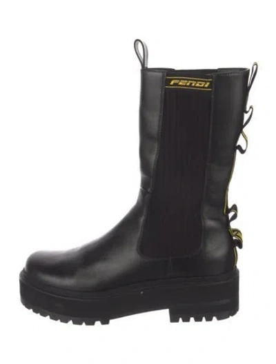 Pre-owned Fendi Leather Graphic Print Combat Boots In Black/yellow