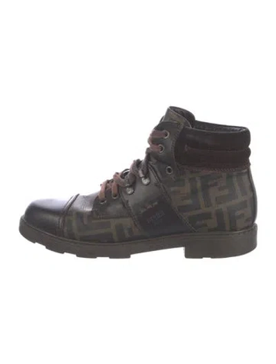 Pre-owned Fendi Leather Graphic Print Combat Boots In Brown