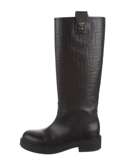 Pre-owned Fendi Leather Graphic Print Riding Boots In Black