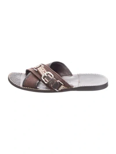 Pre-owned Fendi Leather Graphic Print Slides In Brown