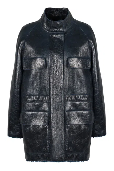 Fendi Leather Jacket In Blue