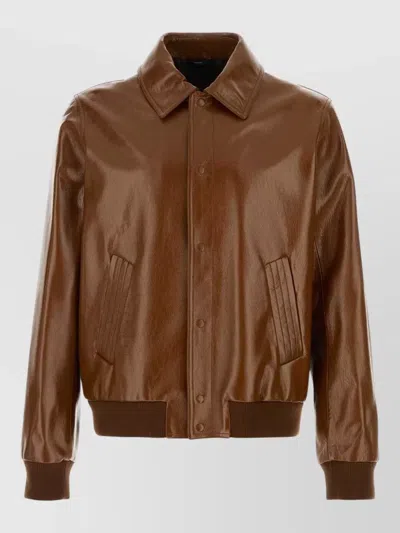 Fendi Leather Jacket Collared Design Front Pockets In Brown