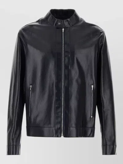 Fendi Leather Jacket Front Pockets Snap Button Cuffs In Black