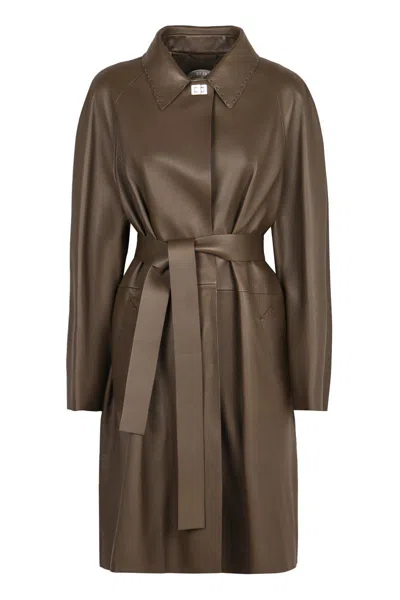 Fendi Leather Trench Coat With Belt And Collar In Green