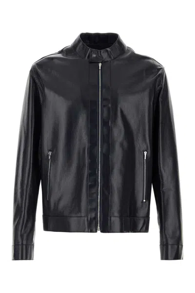 Fendi Leather Jacket Front Pockets Snap Button Cuffs In Black