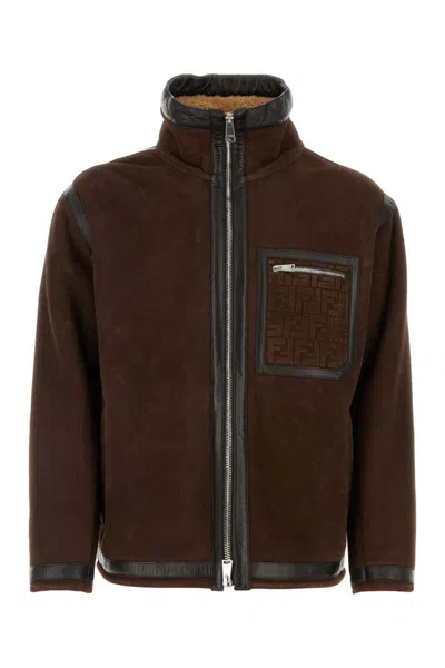 Fendi Luxurious Monochrome High Neck Oversized Zip-up Jacket For Men In Brown