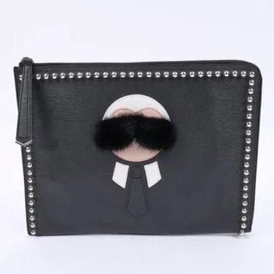 Pre-owned Fendi Leather Karl Lagerfeld Pouch In Black