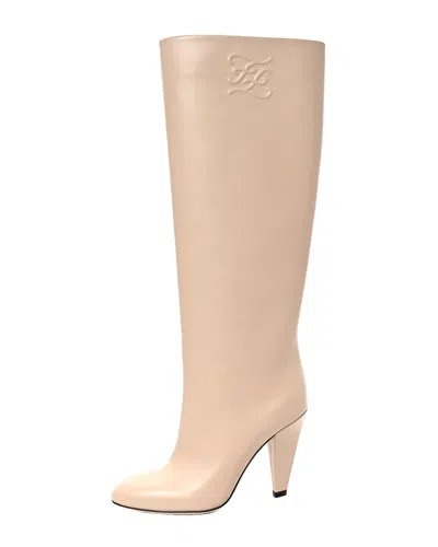 FENDI FENDI LEATHER KARLIGRAPHY EMBOSSED KNEE-HIGH BOOT, SIZE 35 (AUTHENTIC PRE-  LOVED)