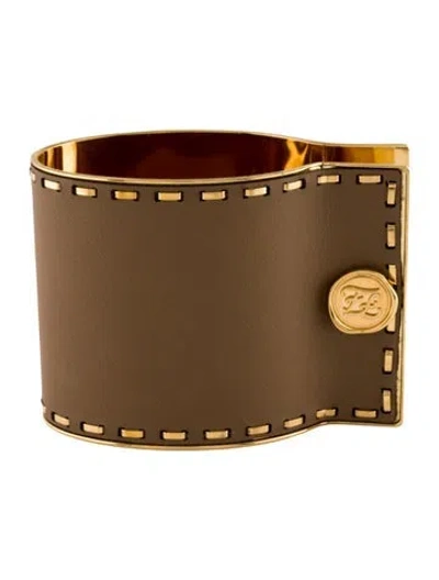 Pre-owned Fendi Leather Karligraphy Shirt Cuff Bracelet, 6.5" In Brown