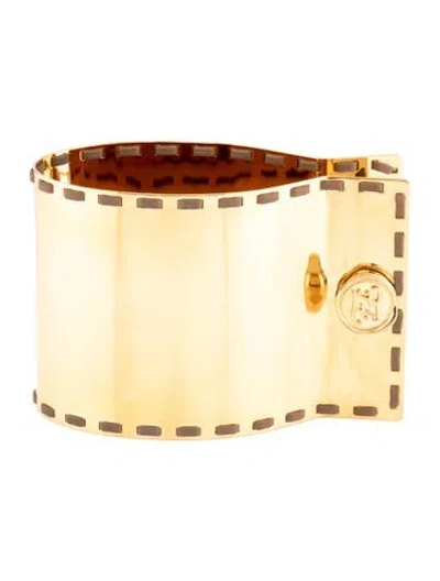 Pre-owned Fendi Leather Karligraphy Shirt Cuff Bracelet, 6.5" In Multicolor
