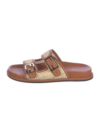 Pre-owned Fendi Leather Leather Trim Embellishment Slides In Brown