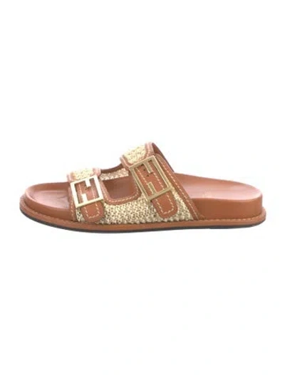 Pre-owned Fendi Leather Leather Trim Embellishment Slides In Brown