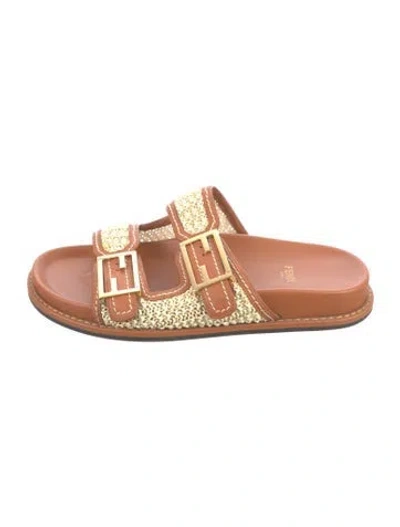 Pre-owned Fendi Leather Leather Trim Embellishment Slides In Brown/neutrals