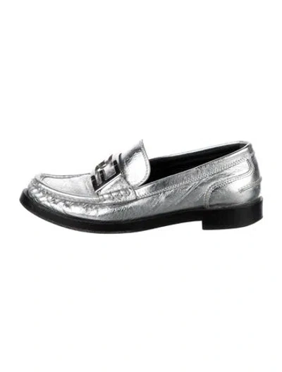 Pre-owned Fendi Leather Loafers In Metallic/silver