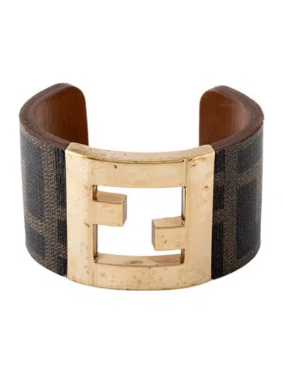 Pre-owned Fendi Leather Logo Cuff, 7" In Brown
