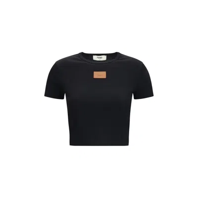 Fendi Leather Logo Patch Cotton T-shirt In Blue
