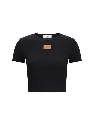 Fendi Leather Logo Patch Ribbed Cotton T-shirt In Black