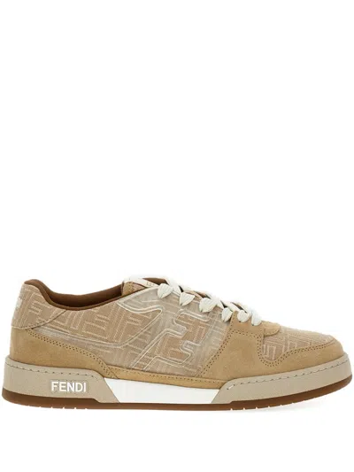Fendi Ff-monogram Jacquard Suede-panels Sneakers In Brown
