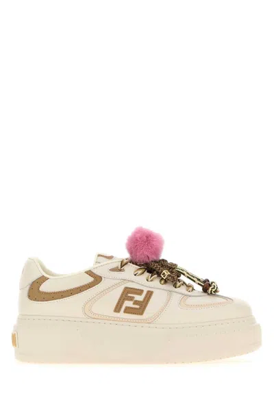 Fendi Leather Low-top With Pom-pom Charm Sneaker In Neutral