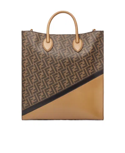 Fendi Leather Monogram-print Tote Bag In Brown
