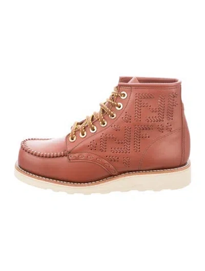 Pre-owned Fendi Leather Patterned Lace-up Boots In Brown/pink