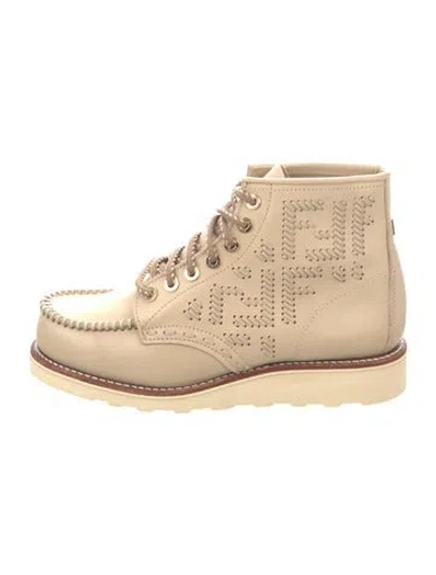 Pre-owned Fendi Leather Patterned Lace-up Boots In Neutrals