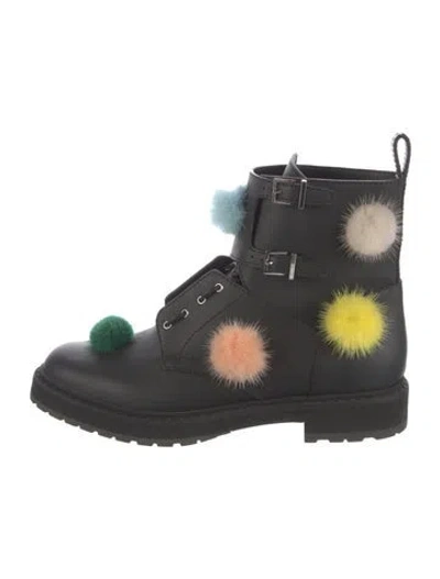 Pre-owned Fendi Leather Pom-pom Embellishments Combat Boots In Black