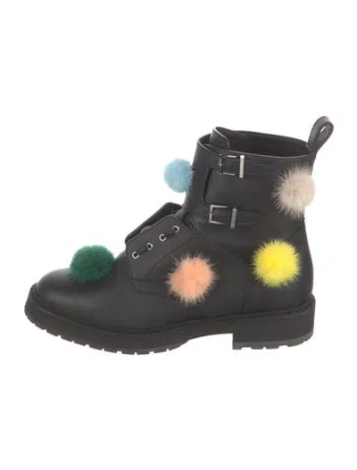 Pre-owned Fendi Leather Pom-pom Embellishments Combat Boots In Black
