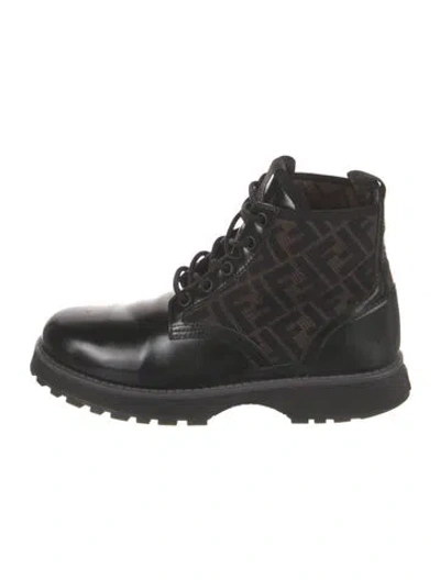Pre-owned Fendi Leather Printed Combat Boots In Black