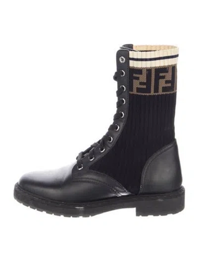 Pre-owned Fendi Leather Printed Combat Boots In Black