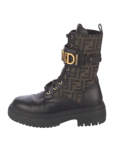 Pre-owned Fendi Leather Printed Combat Boots In Black