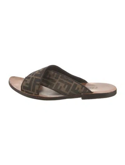 Pre-owned Fendi Leather Printed Slides In Brown