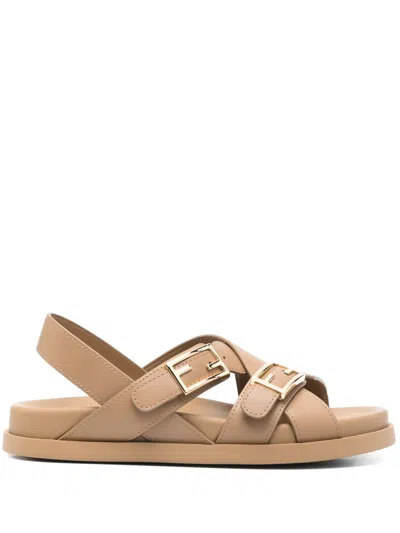 Fendi Feel Buckle-strap Leather Sandals In Brown