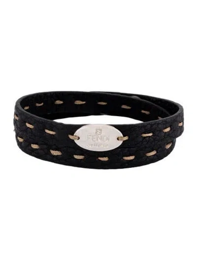Pre-owned Fendi Leather Selleria Wrap Bracelet In Black