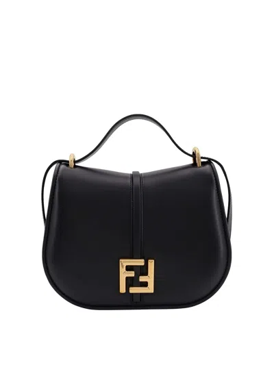 Fendi Leather Shoulder Bag With Metal Ff Logo In Black